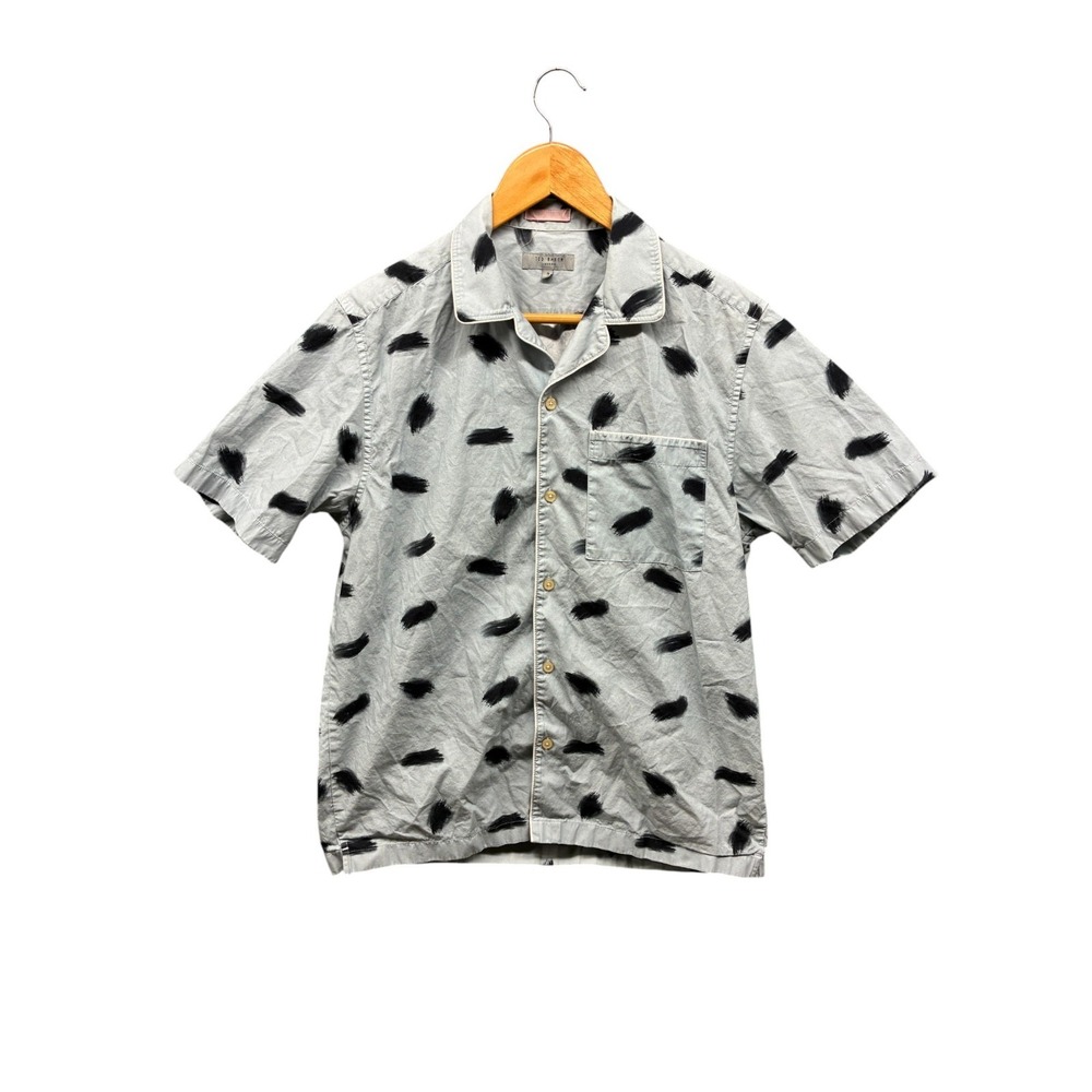 Ted Baker London Button Up Shirt Men's Size M Gray‎ Black Print Short Sleeve